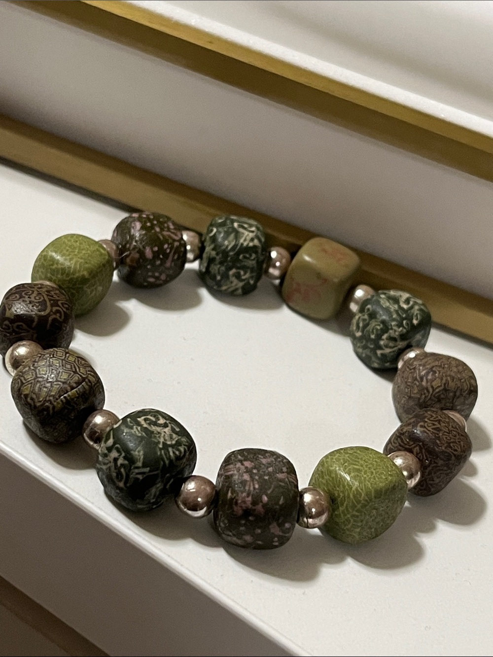 Green and Brown Beaded Stretch Bracelet